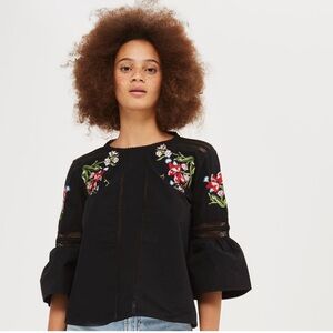Topshop Embroidered Floral Cotton Poplin Top